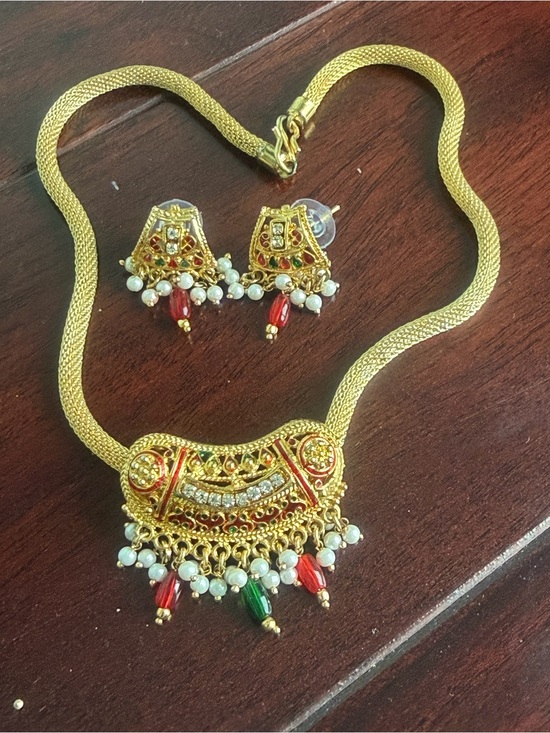 Jewelry - Gold-Tone Traditional Pendant Necklace Set with Red & Green Accents